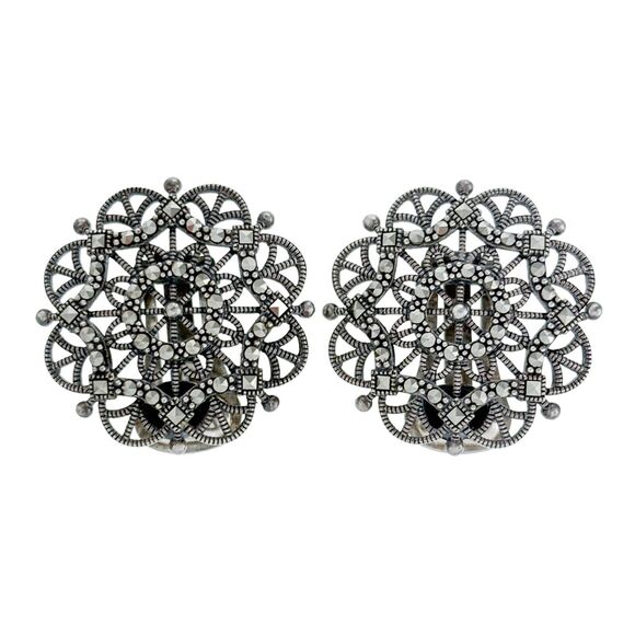 Vintage Thailand SLC Sterling Silver 925 Geometric Marcasite Clip On Earrings - Picture 1 of 5